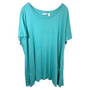 LOGO Lori Goldstein Plus Size 3X Tunic Top Teal Blue Short Sleeve Pockets 614